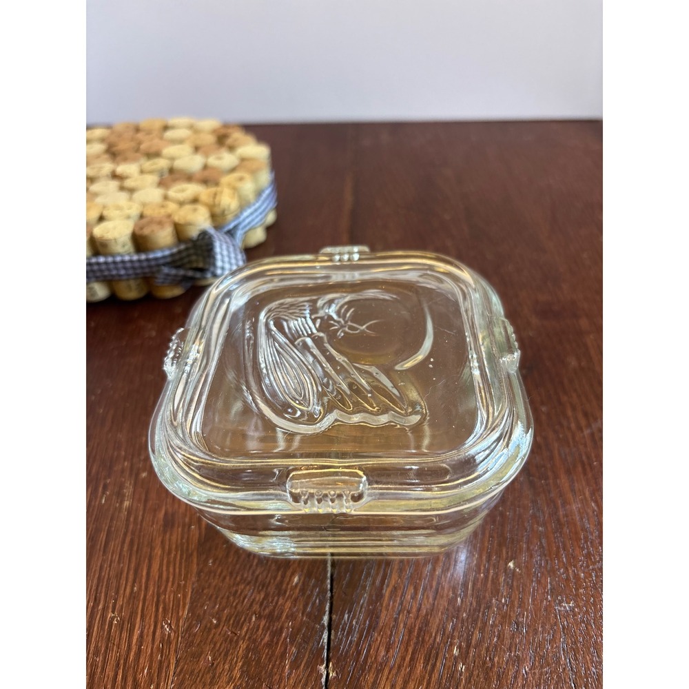 Vintage Clear Glass Refrigerator Dish Embossed Wheat Lid Square Storage Jar